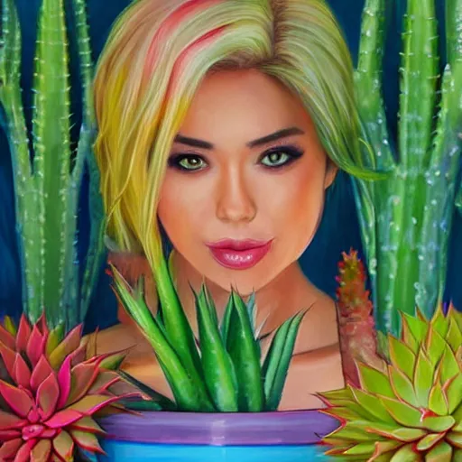 Image similar to painting by Artgerm of a beautiful woman with shoulder length rainbow hair in a coral dress putting colorful South African bitter aloe succulents into rainbow pots at a round table