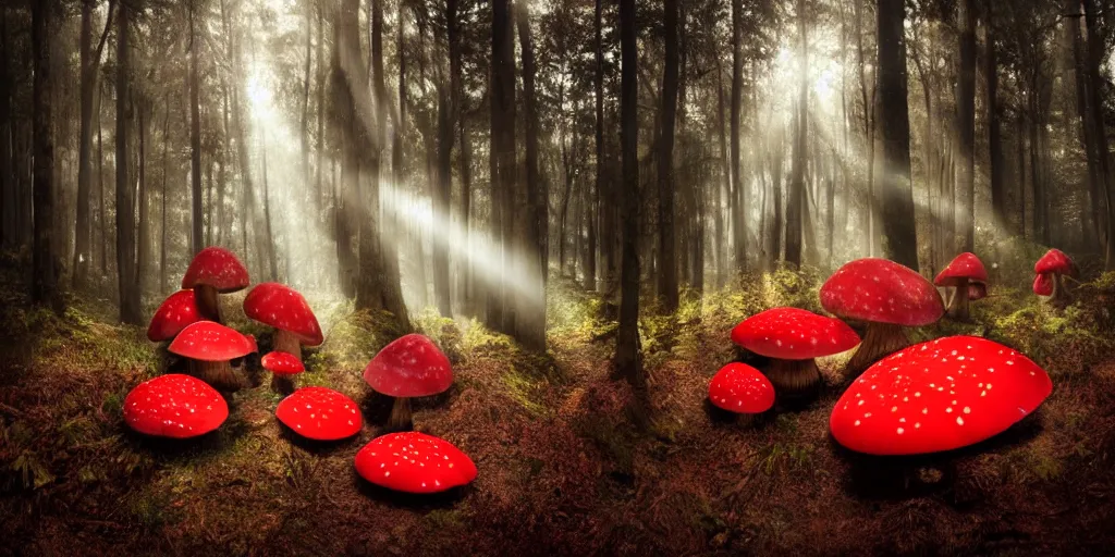 Image similar to Photo by Filip Hodas of the cinematic view of the Forest of the Giants, various giant mushrooms, some little mushrooms on the floor, only 3 very big red mushroom with white spots in second photo plan, photorealism, a few sun ray of lights falling with dust, def of field, photo taken with canon 5D