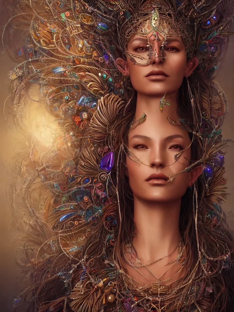 Image similar to a centered render of an alluring mystical tribal goddess adorned with feathers and gemstones and cables and synthesizer parts is surrounded by sacred geometry made from elven architecture, full body, gorgeous face, perfect face, powerful, cinematic, beautifully lit, by artgerm, by karol bak, 3 d, trending on artstation, octane render, 8 k