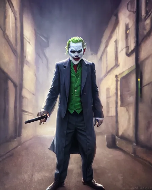 Prompt: oil painting of the joker holding a smoking pipe, detective clothes, close shot, full body, dark london alley background, sharp focus, fantasy style, octane render, volumetric lighting, 8k high definition, by greg rutkowski, highly detailed, trending on art Station, dungeons and dragons artwork, centered