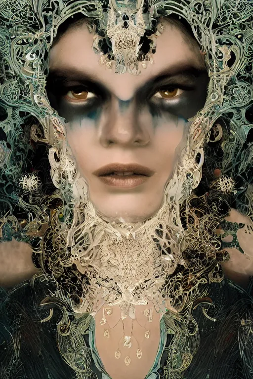 Prompt: highly detailed, digital painting of a beautiful arcane witch in a dark intricate ornate fractal-lace and gemstones facial mask, wearing a stunning silky bio-luminiscent neon-noir cyberpunk dress, pastel colors palette, full view, soft lighting, vivid, Hyperdetailed, 4k hd matte painting, 8k resolution, enchanting and otherworldly, detailed, front view, Gsociety, trending on ArtstationHQ, dreamscape maximized.