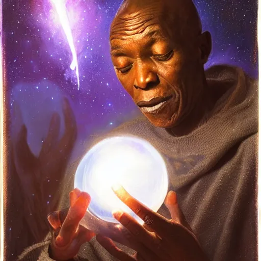Prompt: an elder african psychic man showing a small boy a crystal ball while holding a book of spells under a meteor shower, greg rutkowski and android jones and amanda sage, oil on canvas, 8k