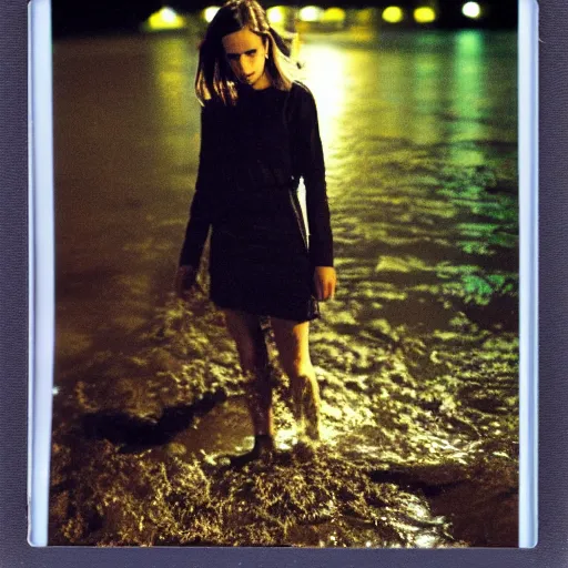 Image similar to night time, emma watson rising out of muddy vietnam river, face covered in mud, low camera angle at water level, night time, dark, polaroid, 2 0 0 mm zoom,