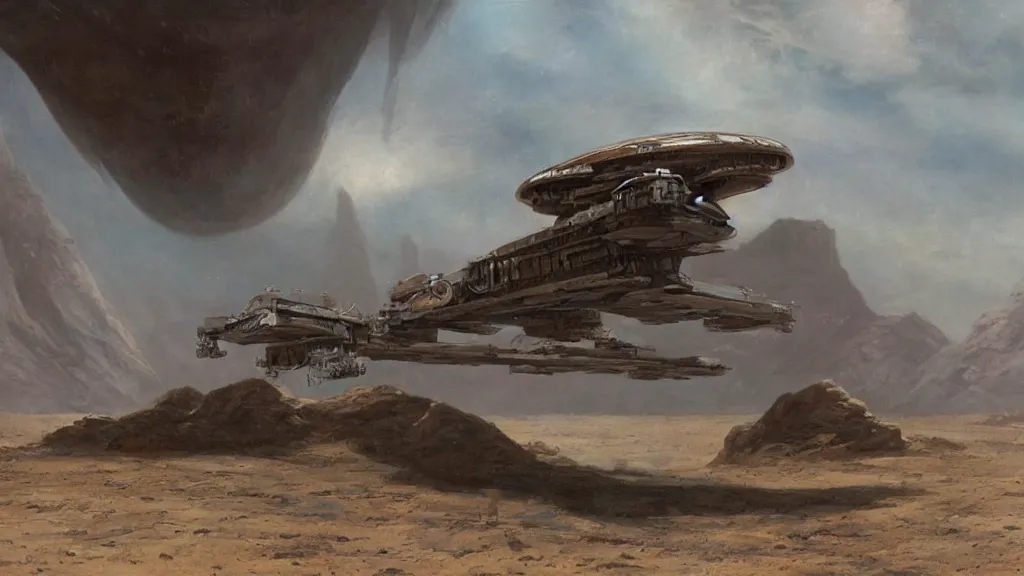 Image similar to small organic dropship lander by john schoenherr and jim burns, epic cinematic matte painting