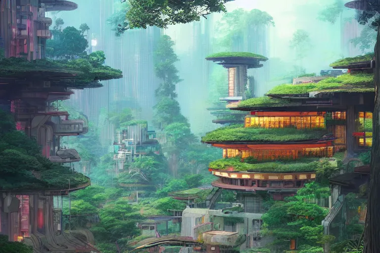 Image similar to solarpunk kowloont by frank lloyd wright, still from studio ghibli anime movie, cyberpunk tree house, digital art, artgerm, trending on artstation