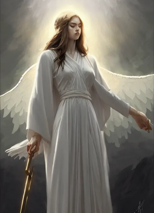 Prompt: angel in white robes. realistic shaded lighting poster by greg rutkowski, magali villeneuve, artgerm, jeremy lipkin and michael garmash, rob rey and kentaro miura style, trending on art station