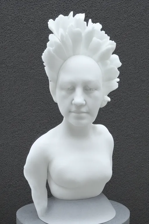 Prompt: full head and shoulders, female porcelain sculpture by daniel arsham and raoul marks, smooth, all white features on a white background, detailed white 3 d giant poppies on the head