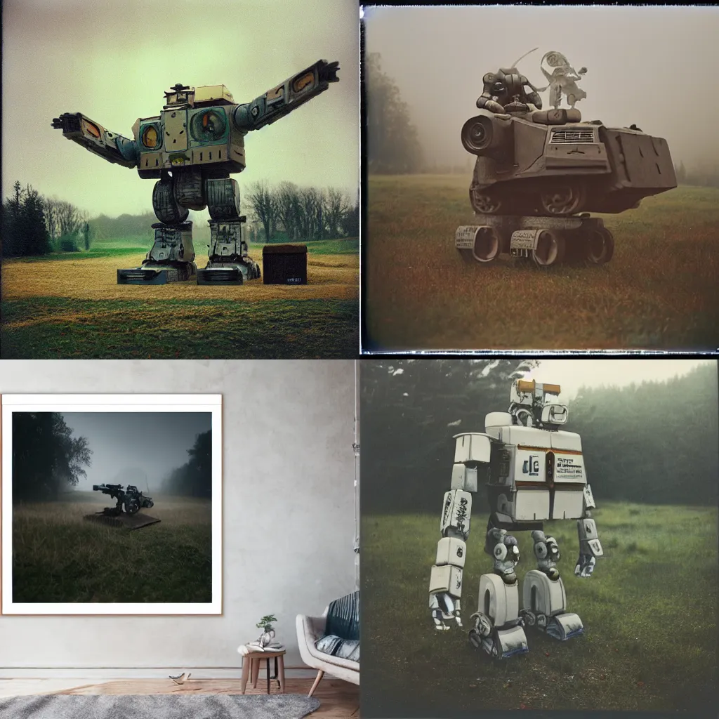 Image similar to giant oversized robot mech baby on a village, Cinematic focus, Polaroid photo, vintage, neutral colors, soft lights, foggy, by Steve Hanks, by Serov Valentin, by lisa yuskavage, by Andrei Tarkovsky