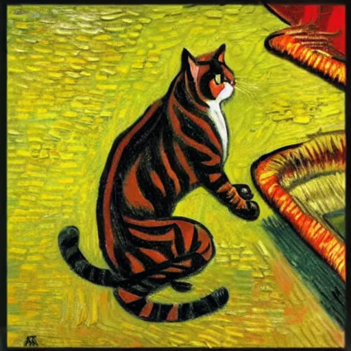 Image similar to a feline boxer fighting in a ring, in the style of vincent van gogh