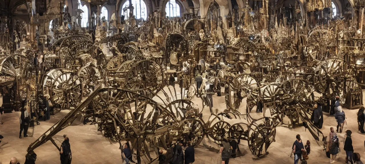 Image similar to A wide view into a Middle Ages Exhibition full of thousands of different old mechanical futuristic mechanisms, huge room of a old museum