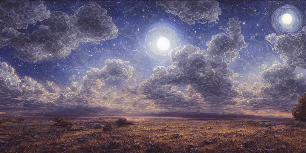 Image similar to the cloudy moonlit sky, landscape art by donato giancola and greg rutkowski, digital art, trending on artstation, symmetry!!, volumetric lighting, hdr, starry night