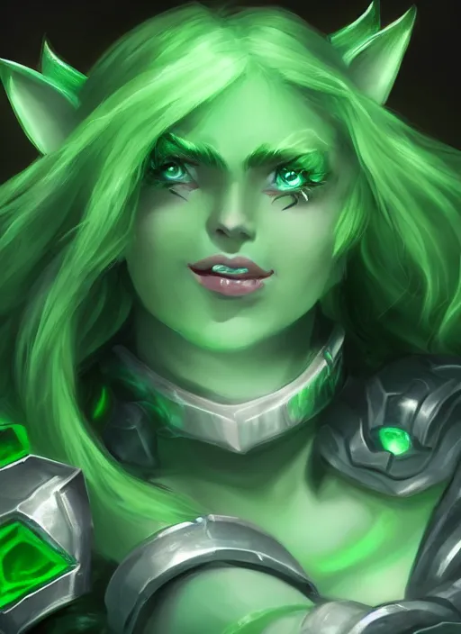 Image similar to green orc female, light green tone beautiful face by league of legends splash art