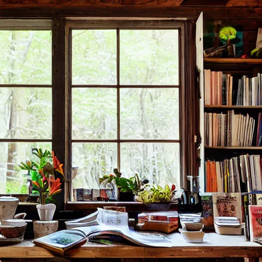 Prompt: a shelf of cookbooks in a house with large windows in the middle of the woods, photograph