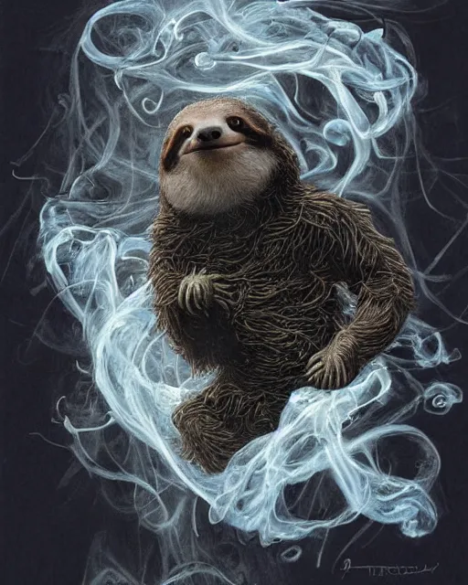 Image similar to a highly detailed portrait of a sloth wearing a black tuxedo as a devious magician radiating a powerful energy aura, wispy tendrils of smoke, swirling vortex of energy, performance art, intricate, digital painting, old english, raining, sepia, particles floating, whimsical background by marc simonetti, art by artgerm and greg rutkowski and alphonse mucha