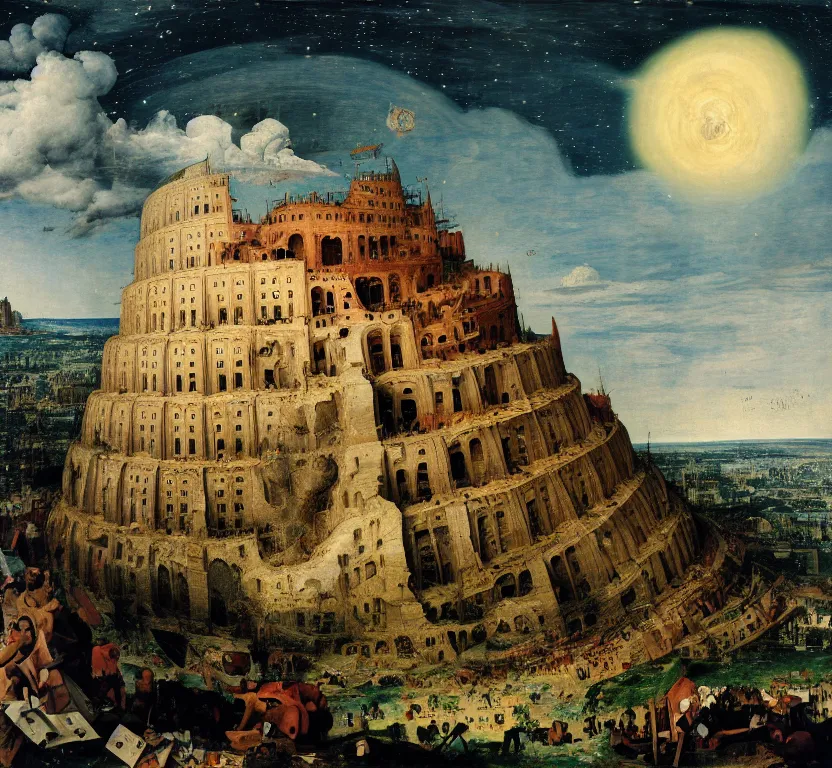 Image similar to a painting of the rubble that used to be the tower of babel, after it was hit by an explosion, at night with a sky full of stars, by pieter breugel the elder