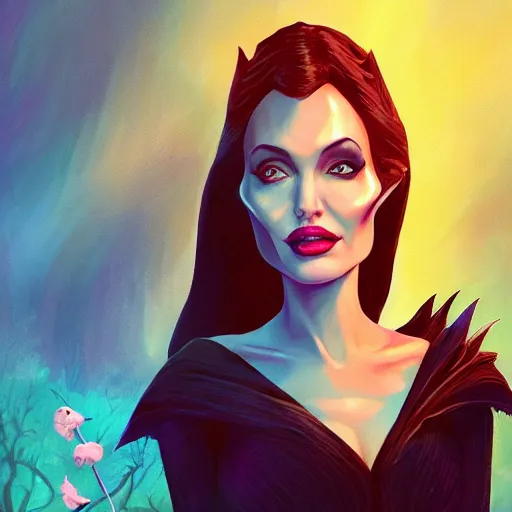 Prompt: portrait of angelina jolie as maleficent, dark forest at nighttime, background, rich vivid colors, ambient lighting, dynamic lighting, 4k, official media, anime key visual, makoto shinkai, ilya kuvshinov, lois van baarle, rossdraws, detailed, trending on artstation