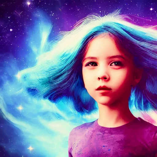 Image similar to photorealistic portraits of girl, blue hair, background with beautiful photography of nebula space wallpaper 8k