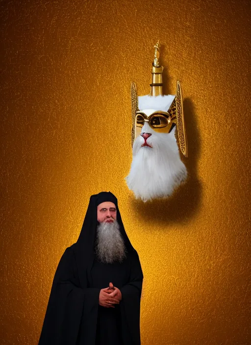 Image similar to orthodox priest in golden clothes with cute caracal head, wearing vr, in orthodox church, orthodox icons, volumetric lighting, night, darkness, atmospheric, ambients, dramatic, noir, blur, bokeh, cinematic, depth of field, 8 0 mm, f 1. 8