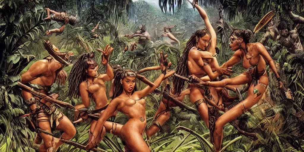 Prompt: battle in jungle, brutal aztec and Amazonian females fight, epic, vintage, blood, slight inspiration of Boris vallejo and apocalypto