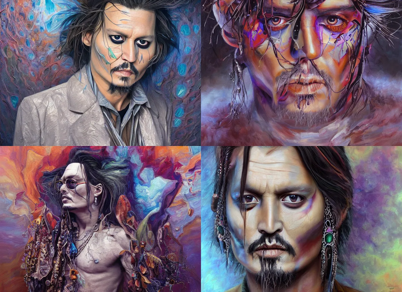 Prompt: johnny depp portrait, peyote cactus desert, oil painting of gloomy abstract surrealist forms by yvonne mcgillivray by mandy jurgens by michael divine, powerful eyes glowing highly detailed painting of gloomy, spiritual abstract forms, symmetrical, artstation, abstract emotional rage expression, fantasy digital art, patterned visionary art, by michael divine, cosmic nebula