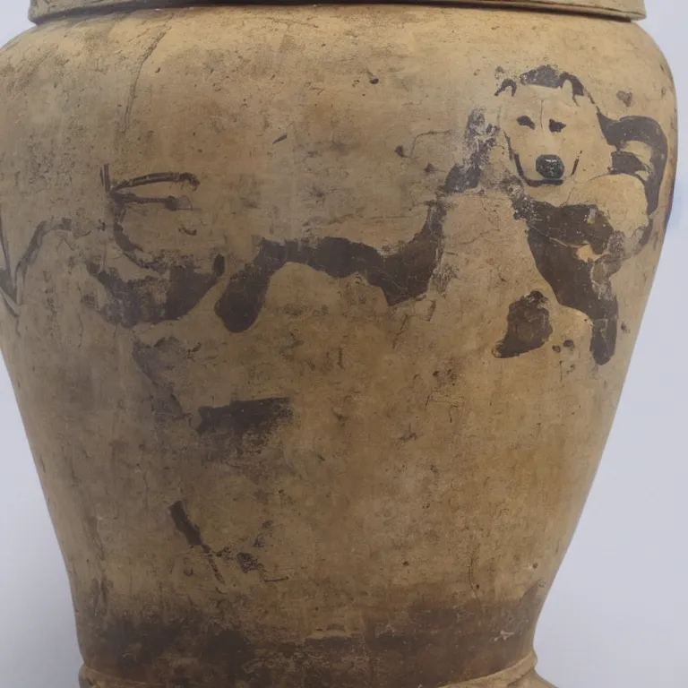 Prompt: ancient greek urn painted with a shiba inu god, good condition, well preserved archeological find