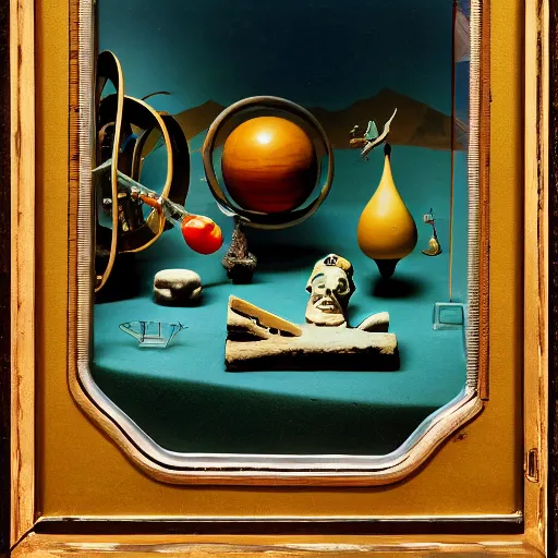 Prompt: A three color offset photography of single surrealist object on display, anthropology of wonder, ((surrealism)), exotic artifacts, colonial expedition, exhibition, 60s style