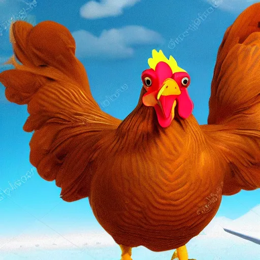 Image similar to chicken looking human on an airplane flight over the sea, realistic scene, very detailed