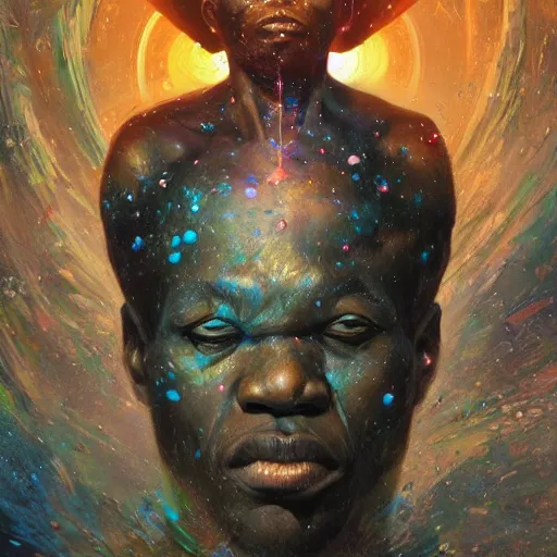 Image similar to an african!! cosmic god bending space time, watchmen, dim light, bloom, front game card, marvel comics, dark, intricate, highly detailed, smooth, artstation, digital illustration by ruan jia and mandy jurgens and artgerm and wayne barlowe and greg rutkowski and zdislaw beksinski, and adi granov