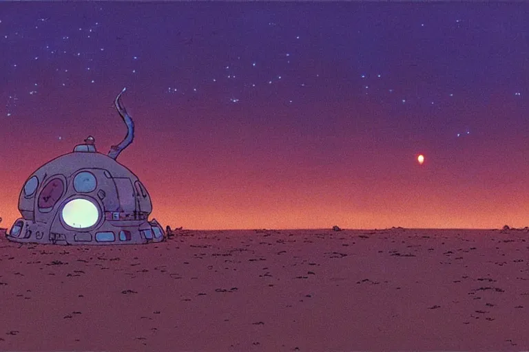 Prompt: a still from a studio ghibli film of an alien mothership from princess mononoke ( 2 0 0 4 ) at night on a desert road, full body, wide shot, very muted colors, post grunge, studio ghibli, laurie greasley, highly detailed, deviantart, art by artgem