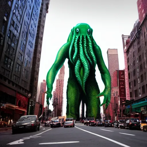 Prompt: hyper realistic giant cthulhu with human body fearing NYC