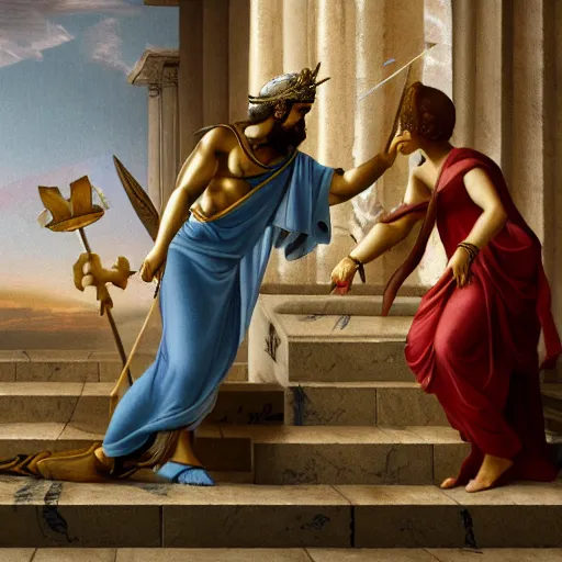 Prompt: photo of the goddess athena talking with odysseus, laughing and nodding, photorealistic, prizewinning photo, ultradetailed, cloudy day lighting