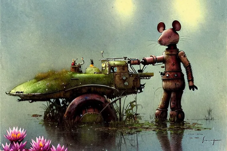 Image similar to adventurer ( ( ( ( ( 1 9 5 0 s retro future robot mouse wagon vehical home. muted colors. swamp. water lilies ) ) ) ) ) by jean baptiste monge!!!!!!!!!!!!!!!!!!!!!!!!! chrome red