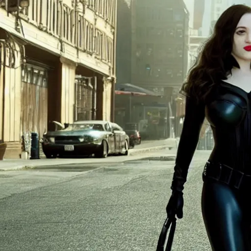 Image similar to a movie still of Kat Dennings as Catwoman in the new movie Batman