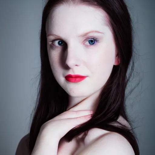 Prompt: Portrait of a beautiful young pale woman, photoshoot, 30mm, Taken with a Pentax1000, studio lighting, 4K