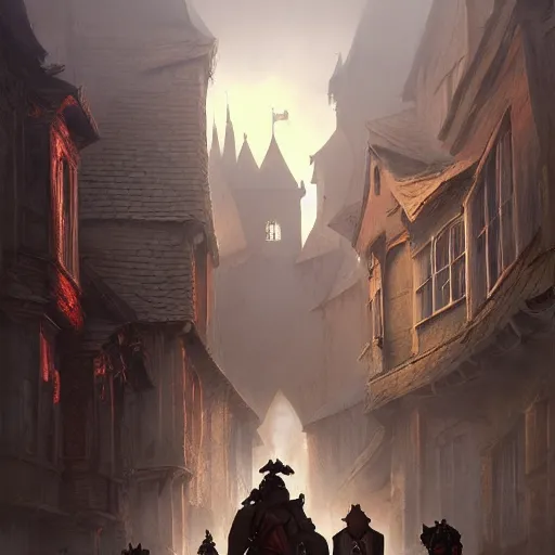 Image similar to streets of a medieval town, street leading to a fantasy castle, dramatic lighting, city background, chiaroscuro, high detail, painted by greg rutkowski, painted by igor kieryluk, painted by bobby chiu, trending on artstation