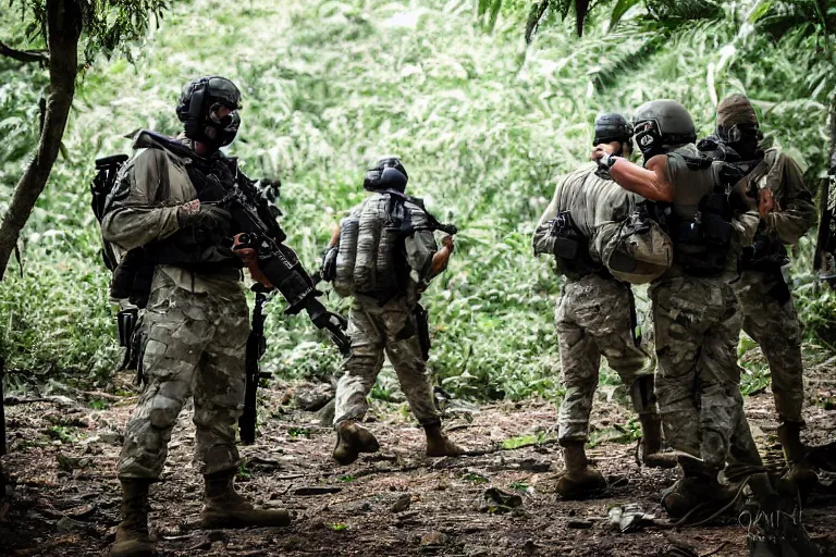 Image similar to Mercenary Special Forces soldiers in grey uniforms with black armored vest in a battlefield in the jungles 2022, Canon EOS R3, f/1.4, ISO 200, 1/160s, 8K, RAW, unedited, symmetrical balance, in-frame, combat photography