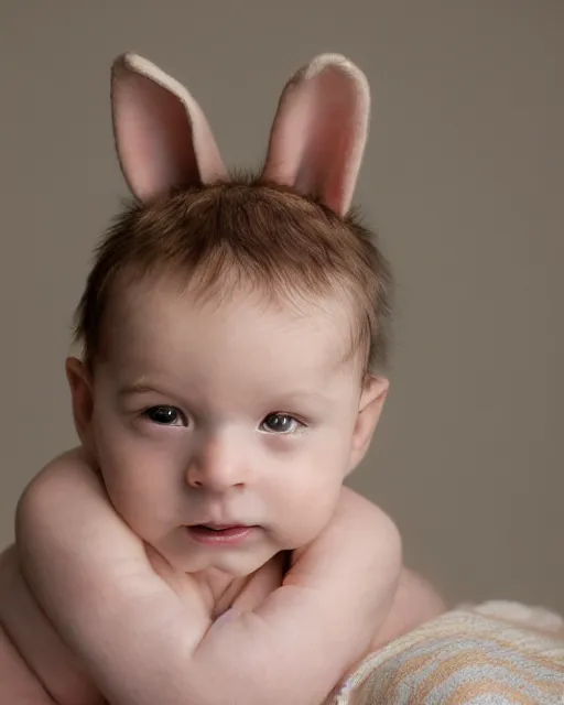 Prompt: annie leibovitz headshots of an adorable human infant rabbit hybrid, 5 0 mm soft focus