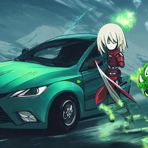 Prompt: blue knight in a green hatchback car vs dragon, close up, anime, desert landscape, greg rutkowski, Murata, one punch man manga,