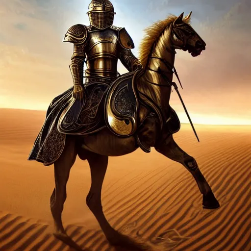 Image similar to Realistic photo of the king of the Desert in Battle, Knight with a golden helmet and a Silver Armour, Sand, Heroic Battle Scene, dark fantasy, intricate, cinematic lighting, highly detailed, digital art, trending on Artstation, 8k, photorealistic, art by Artgerm and Greg Rutkowski and Alphonse Mucha