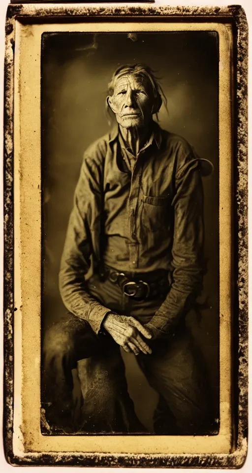 Image similar to a wet plate photograph, a portrait of an old cowboy