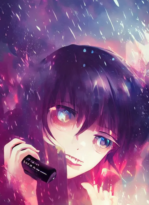 Prompt: listening to music at 2 am, rain, anime key visual, poster, anime, by wlop, high quality