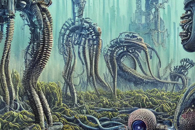 Prompt: a surreal and awe - inspiring science fiction landscape, alien plants and animals, intricate, elegant, uplifting, happy, inspirational, highly detailed watercolor painting by h. r. giger and simon stalenhag