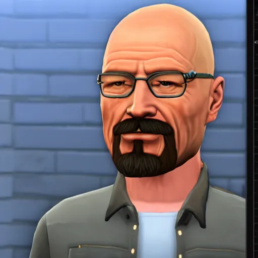 Prompt: videogame screenshot of walter white walking to work in the sims 4, realistic face