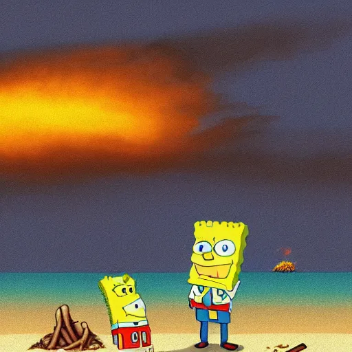 Image similar to a gloomy digital painting of spongebob and patrick standing on beach looking out at explosions, d-day, smoke, fire, detailed, bleak, weary, dark,