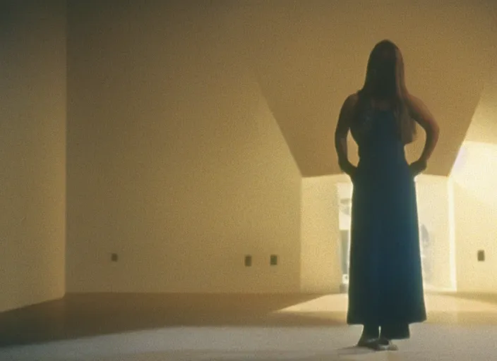 Image similar to photograph of young woman standing in front of radiating monolith in suburban living room, crisp focus, highly detailed, in roger deakins style, 3 5 mm ektachrome