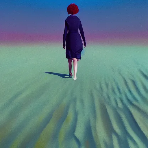 Image similar to portrait, giant dahlia flower head, girl walking between dunes, surreal photography, sunrise, blue sky, dramatic light, impressionist painting, digital painting, artstation, simon stalenhag