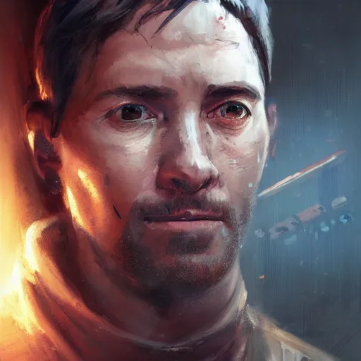 Image similar to Portrait of a man by Greg Rutkowski, he is about 30 years old, Nordic and Hebrew factions, messy brown short hair, strong, tired expression, father figure image, he is wearing a futuristic space gear, highly detailed portrait, scifi, digital painting, artstation, concept art, smooth, sharp foccus ilustration, Artstation HQ.