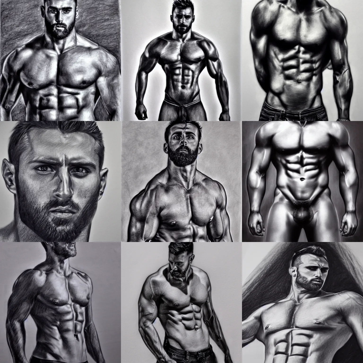 Prompt: charcoal drawing of gigachad,visible abs,hyperdetail,photorealistic,cinematic,dramatic,detailed face,professional lighting,3 point lighting