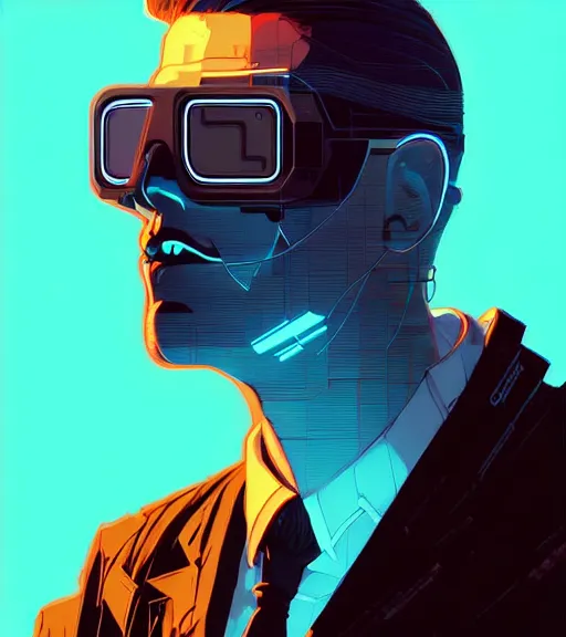 Image similar to cyberpunk synth - wave highly detailed portrait man corporate cyberpunk, by atey ghailan, by greg rutkowski, by greg tocchini, by james gilleard, by joe fenton, by kaethe butcher, dynamic lighting, gradient light blue, brown, blonde cream and white color scheme, grunge aesthetic