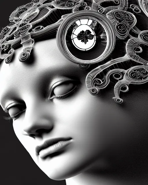 Image similar to mythical dreamy black and white organic bio - mechanical spinal ribbed profile face portrait detail of translucent steampunk beautiful female angelic - human - queen - vegetal - cyborg, highly detailed, intricate crystal ivy jelly ornate, poetic, translucent roses ornate, 3 d render, digital art, octane render, 8 k artistic photography, photo - realistic, by dora maar